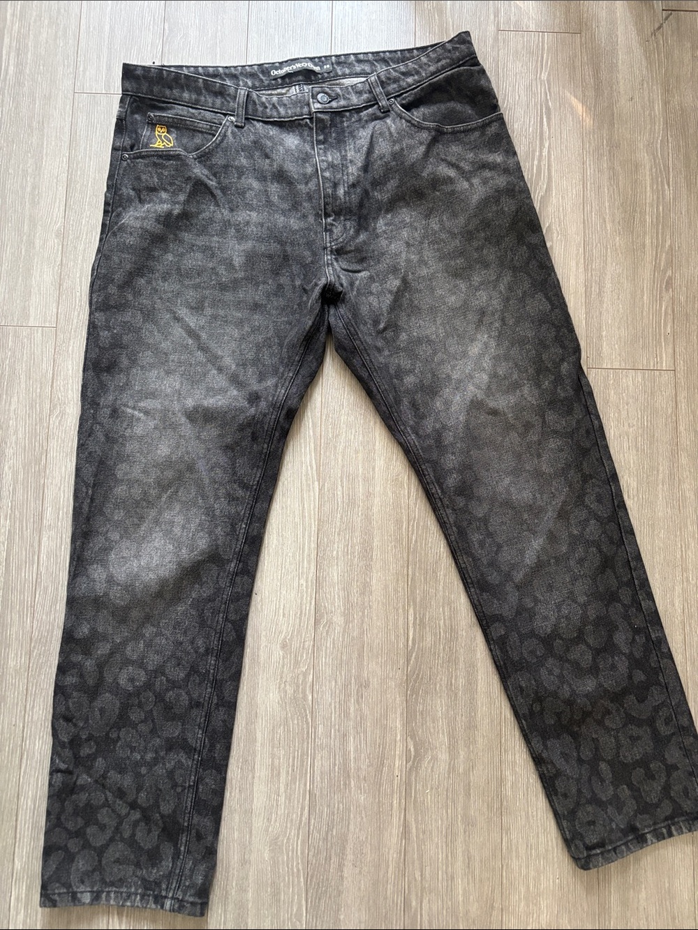 OVO Black Tonal Leopard-Print Straight Jeans